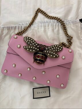 Gucci Pink Pearl-Studded Bee Shoulder Bag with Gold Chain